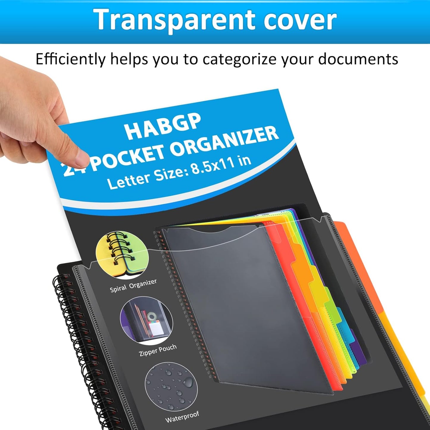 HABGP 12 Pocket Plastic folders with Pockets, 6 Colors Multi Pocket Folder Binder with Dividers, Office Organizer Folder Letter Size School Supplies
