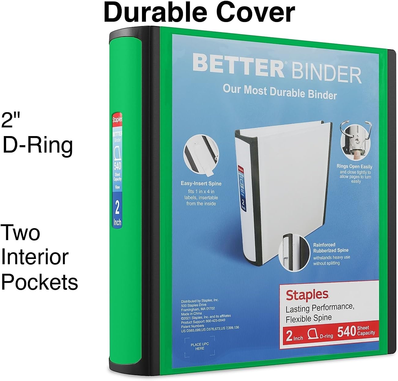 Staples Better Binder 2-Inch D-Ring View Binder, Reinforced Spine, Holds Up to 540 Sheets, Teal, for Office & School