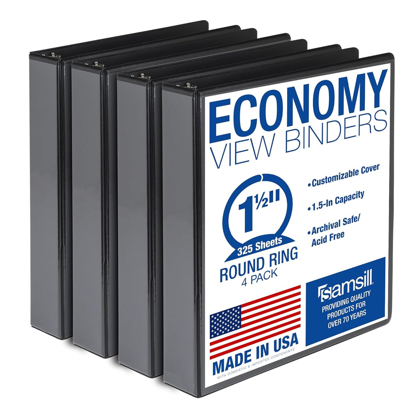 Samsill 3 Inch 3 Ring Binders, Economy Round Ring, Clear View Cover, 550 Sheet Capacity - for School, Home, Office - Black, 4 Pack