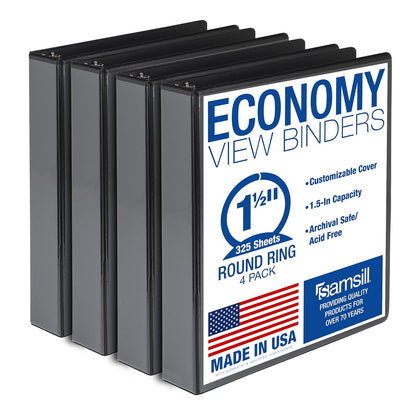 Samsill 3 Inch 3 Ring Binders, Economy Round Ring, Clear View Cover, 550 Sheet Capacity - for School, Home, Office - Black, 4 Pack