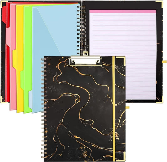 Clipboard Folio with Refillable Notepads, Marble Clipfolio with 5 Dividers with 10 Pockets, Spiral Clipboard Folder Design for School, Office, Work, Teacher, Students, Nurses (Black, 9.4 x 12.8)