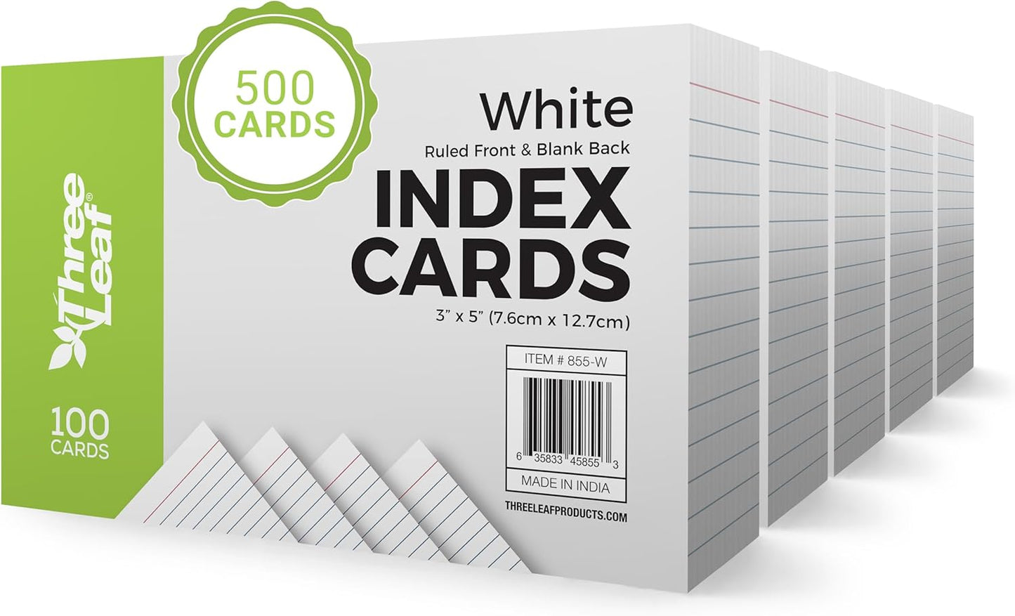 THREE LEAF 3 X 5, INDEX CARDS RULED, 100 CT. WHITE, Ruled Flash Cards, Study Card, Memo Pad, For To-Do List, Art And Craft Projects