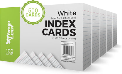 THREE LEAF 3 X 5, INDEX CARDS RULED, 100 CT. WHITE, Ruled Flash Cards, Study Card, Memo Pad, For To-Do List, Art And Craft Projects