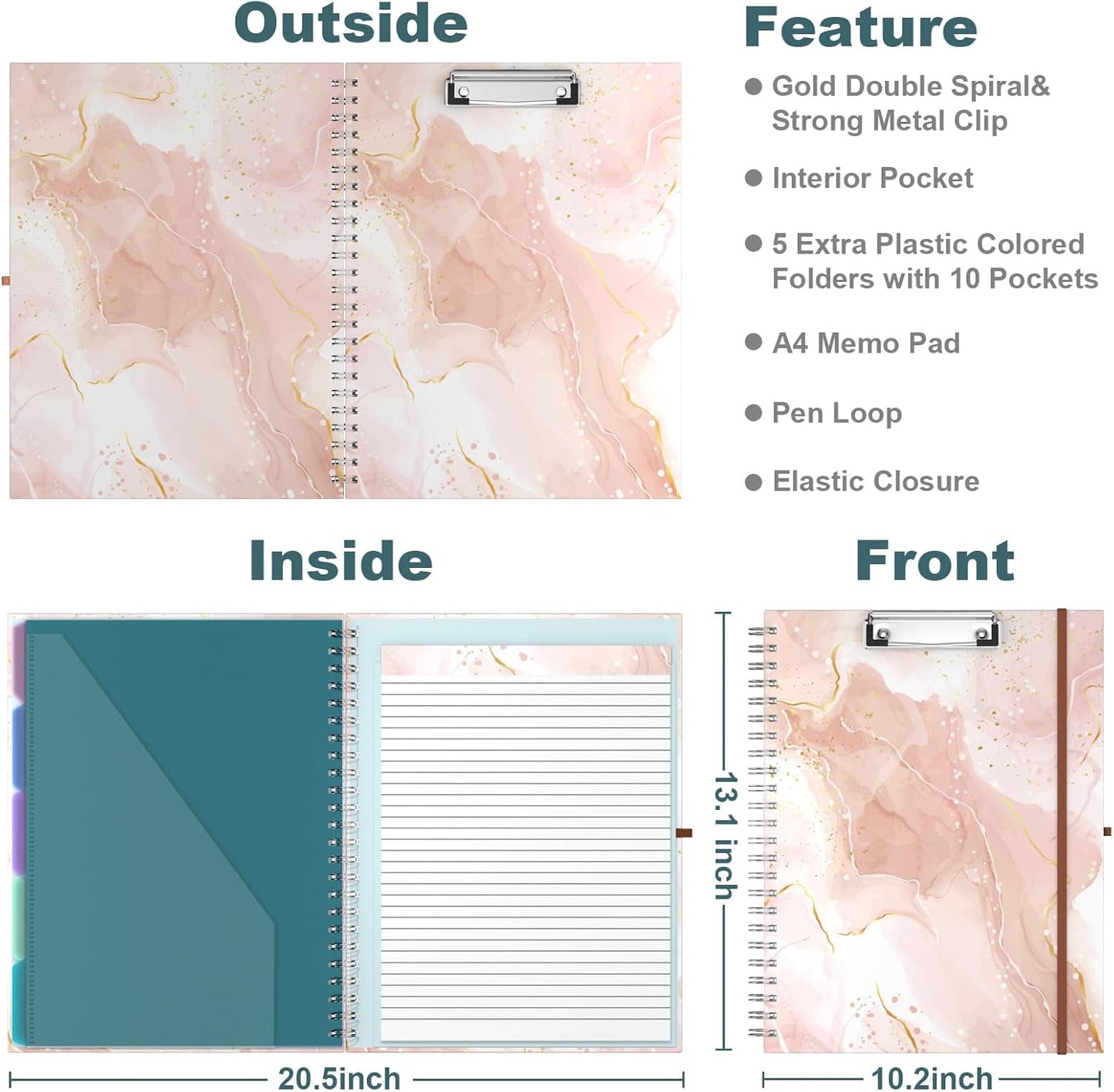 Hongri Clipboard Folio with Refillable Lined Notepad, 8.5 x 11 Folders with Storage 10 Pockets, Spiral Portfolio, Size 12.8X 9.7 in, Office & School Supplies, Skeleton