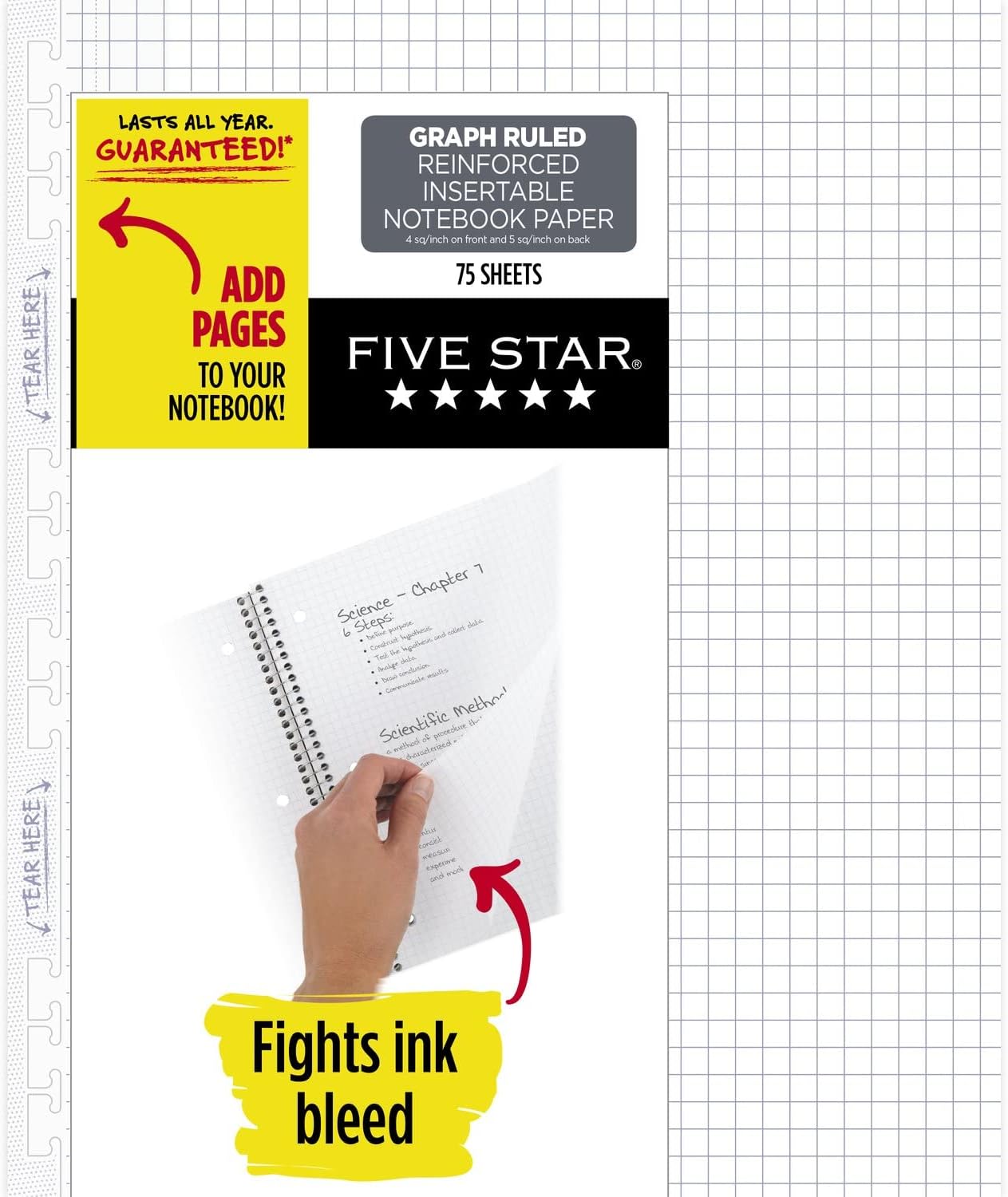 Five Star Loose Leaf Paper, Graph Ruled Insertable Notebook & Binder Filler Paper, 8-1/2" x 11", Reinforced T-Tabs, 75 Sheets (170180)