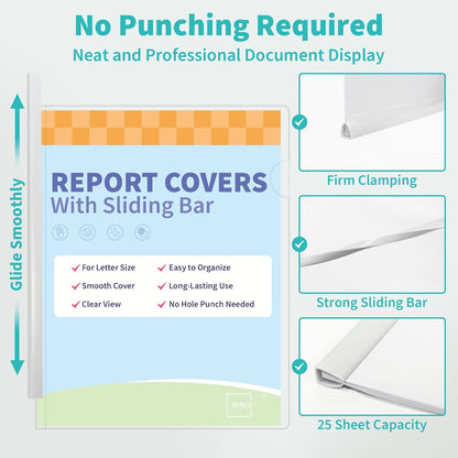 Binditek 12 Pack Clear Report Covers with Sliding Bars, 9mm Sliding Bar File Folder, 70 Sheet Capacity, Letter Size, 5.5 Mil Thick, White, for Students and Coworkers