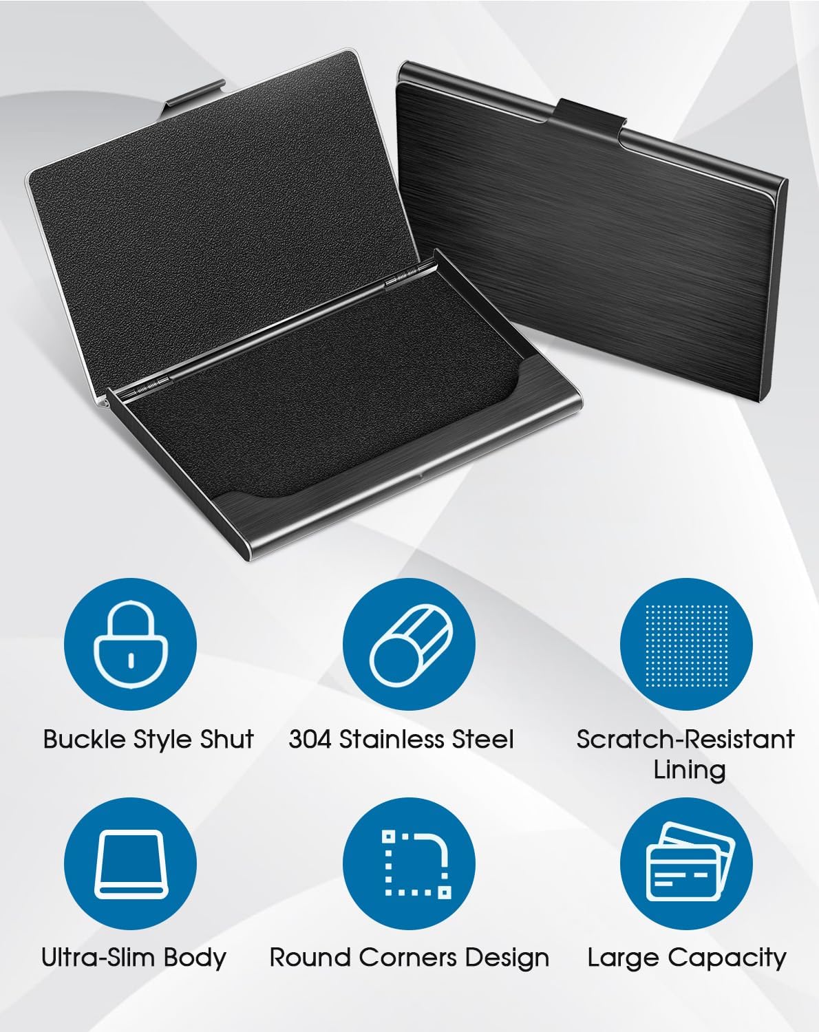 MaxGear Metal Business Card Holder for Men & Women, Professional Stainless Steel Card Case for Business Cards, Slim Purse Name Card Holders with Interior Lining, Buckle Style Shut, Black