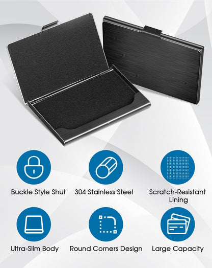 MaxGear Metal Business Card Holder for Men & Women, Professional Stainless Steel Card Case for Business Cards, Slim Purse Name Card Holders with Interior Lining, Buckle Style Shut, Black