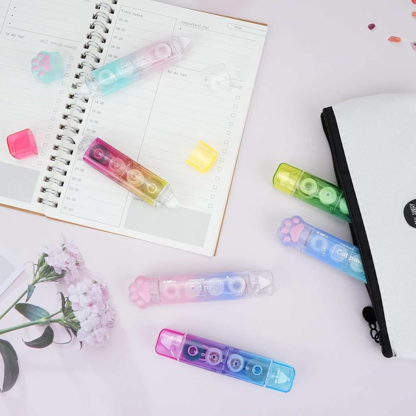 RETON 6 Pcs White Out Correction Tape, 2 in 1 Correction Tape and Double Sided Tape Roller, Cute Cat Paw Correction Tape Pen with Adhesive Glue Tape Roller Runner for School Office Scrapbook Supplies