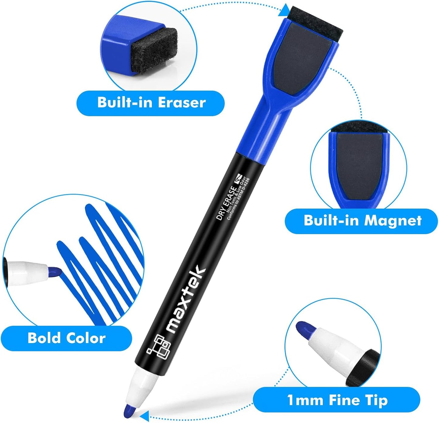 maxtek Magnetic Black Dry Erase Markers, 6 Count Fine Tip Whiteboard Markers with Eraser, Thin Markers Low Odor for Classroom, Office, Home