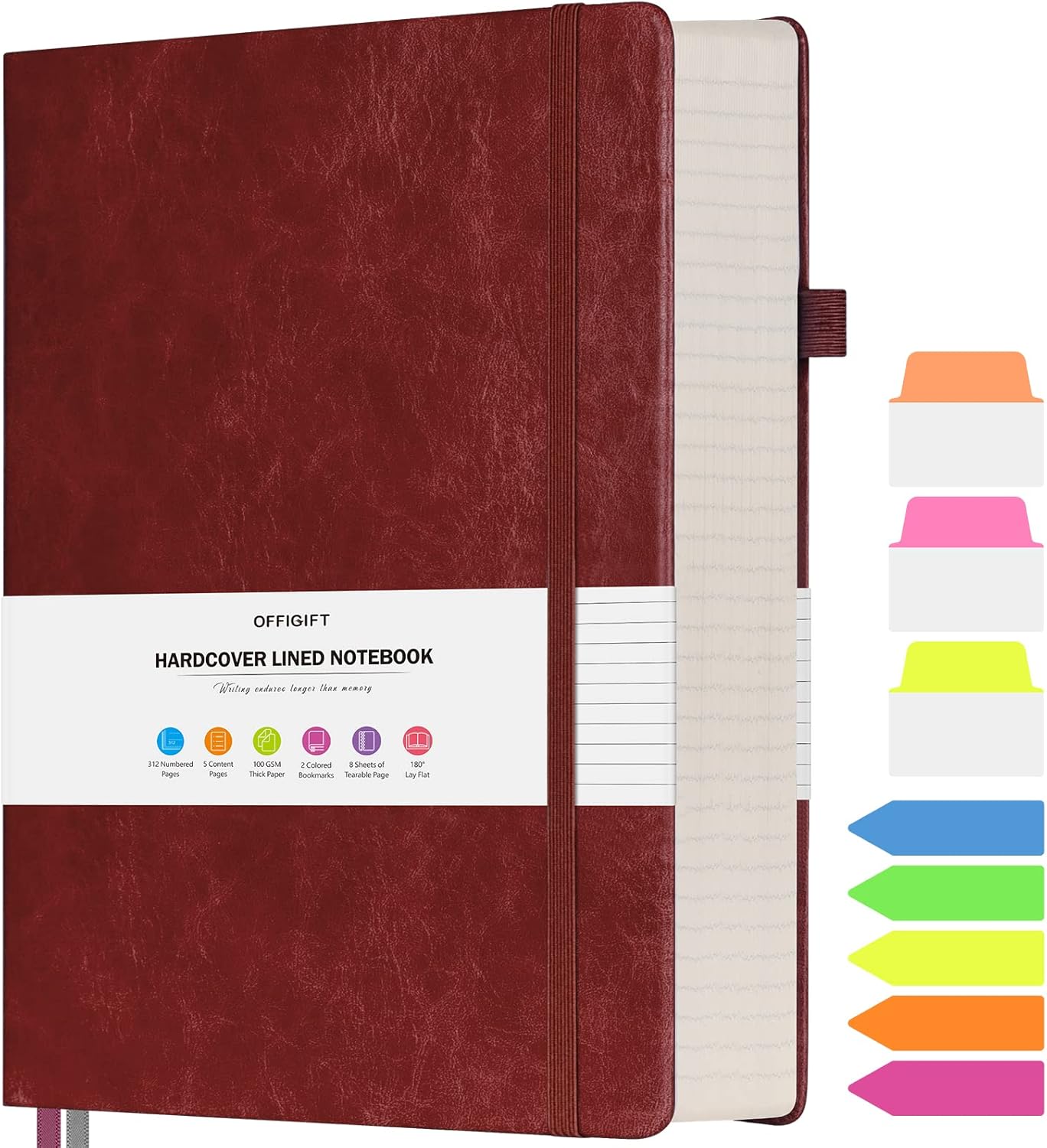 Lined Journal Notebook, Large A5 College Ruled Notebook, 312 Numbered Pages Work Notebook with Index Stickers, 100gsm Thick Paper, Hardcover Vegan Leather Journal for Women Men School Office, Black