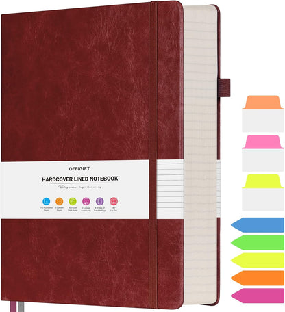 Lined Journal Notebook, Large A5 College Ruled Notebook, 312 Numbered Pages Work Notebook with Index Stickers, 100gsm Thick Paper, Hardcover Vegan Leather Journal for Women Men School Office, Black