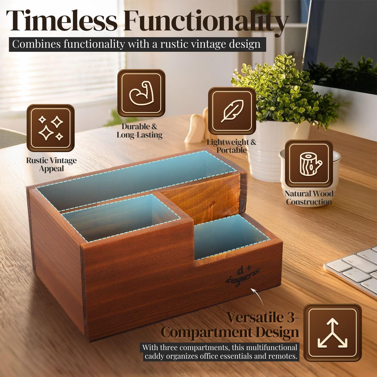 Flexzion Rustic Wooden Pencil Holder for Office - 3 Slots - Desk and Table Storage Organizer - Multifunctional Remote Control Holder for Home, School and Office