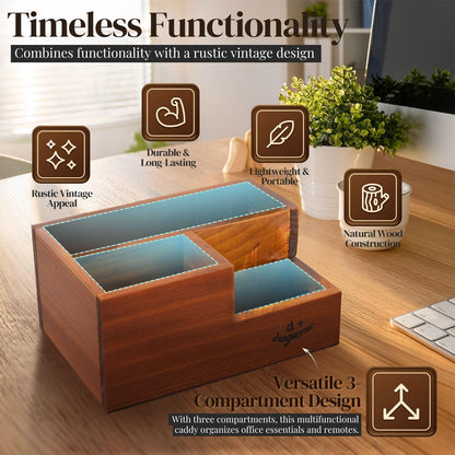Flexzion Rustic Wooden Pencil Holder for Office - 3 Slots - Desk and Table Storage Organizer - Multifunctional Remote Control Holder for Home, School and Office