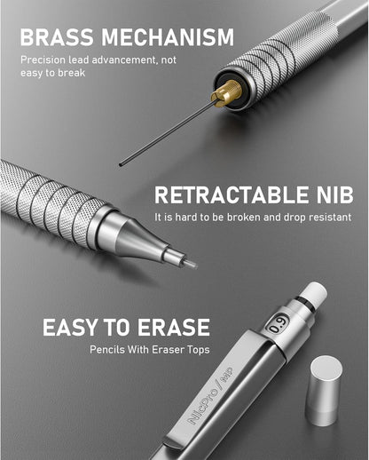 Nicpro 0.5 mm Mechanical Pencils Set with Case, 3 Metal Artist Pencil With 480PCS HB Lead Refills, 3 Erasers,9 Eraser Refills For Architect Art Writing Drafting, Drawing, Engineering, Sketching, Black