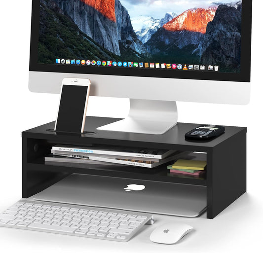 BONTEC Wooden Monitor Stand Riser, 2-Tier Desk Shelf with Storage Organizer, Ergonomic Computer Stand with Cable Management, Cellphone Holder, White, 16.5 Inch