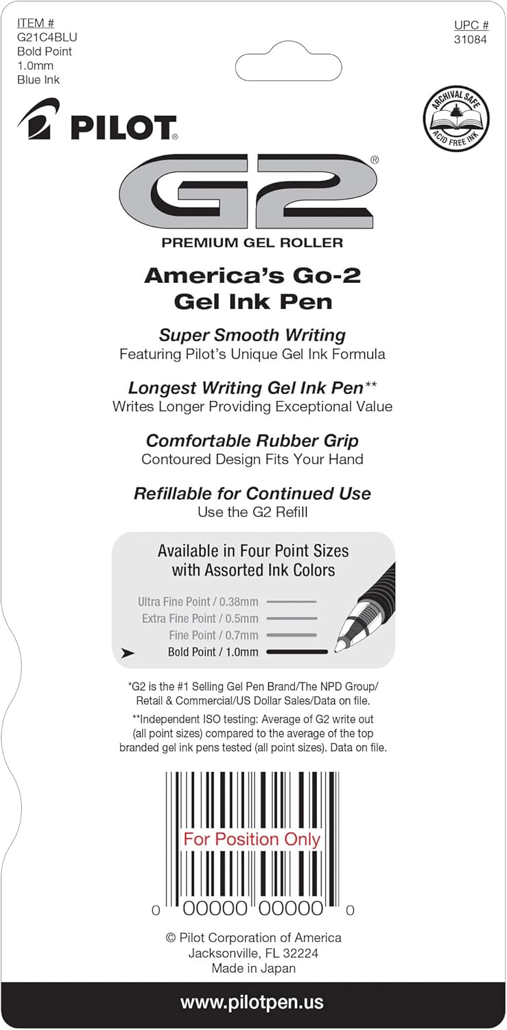 PILOT G2 Premium Refillable and Retractable Rolling Ball Gel Pens, Bold Point, Black Ink, 4-Pack (31254)