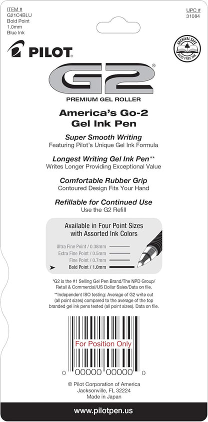 PILOT G2 Premium Refillable and Retractable Rolling Ball Gel Pens, Bold Point, Black Ink, 4-Pack (31254)