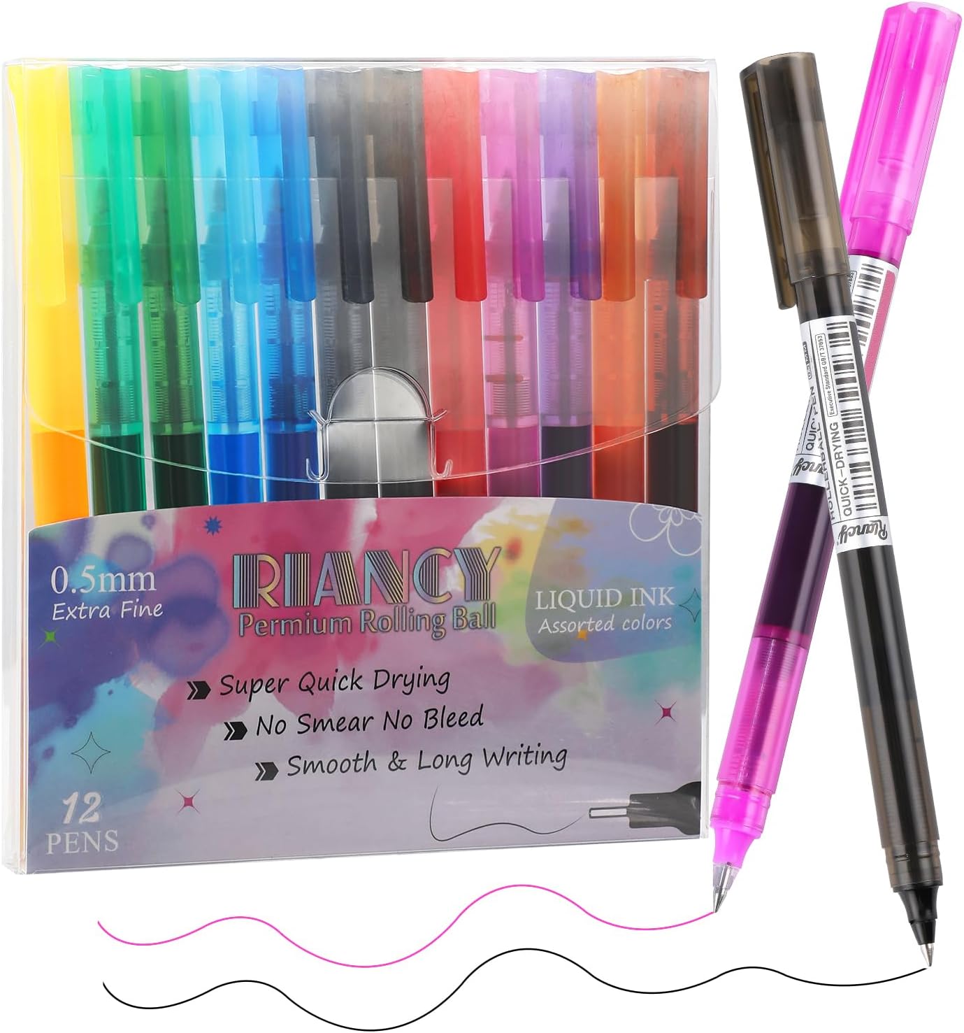 RIANCY 12 Pack Black Liquid Ink Rollerball Gel Pens, 0.5mm Extra Fine Point Tip, Smooth Writing Quick Drying No Smear No Bleed for Journaling, Drawing, Sketching, School Notes & Art Supplies