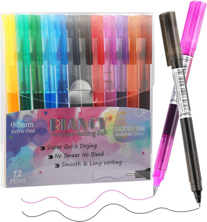 RIANCY 12 Pack Black Liquid Ink Rollerball Gel Pens, 0.5mm Extra Fine Point Tip, Smooth Writing Quick Drying No Smear No Bleed for Journaling, Drawing, Sketching, School Notes & Art Supplies