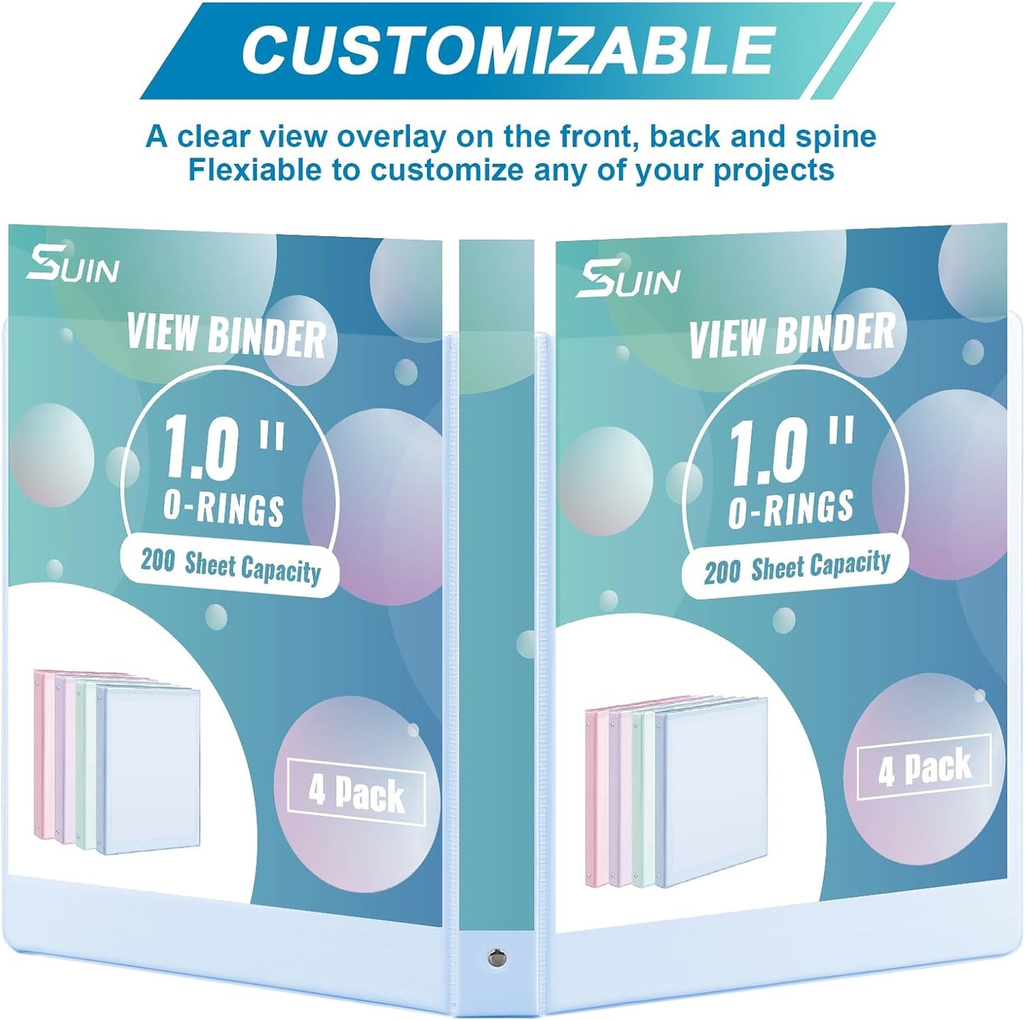SUIN 1 Inch 3 Ring Binder 4 Pack Pastel Colors, Holds 200 Sheets Letter Size with Pockets for School Office Home