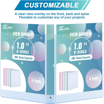 SUIN 1 Inch 3 Ring Binder 4 Pack Pastel Colors, Holds 200 Sheets Letter Size with Pockets for School Office Home