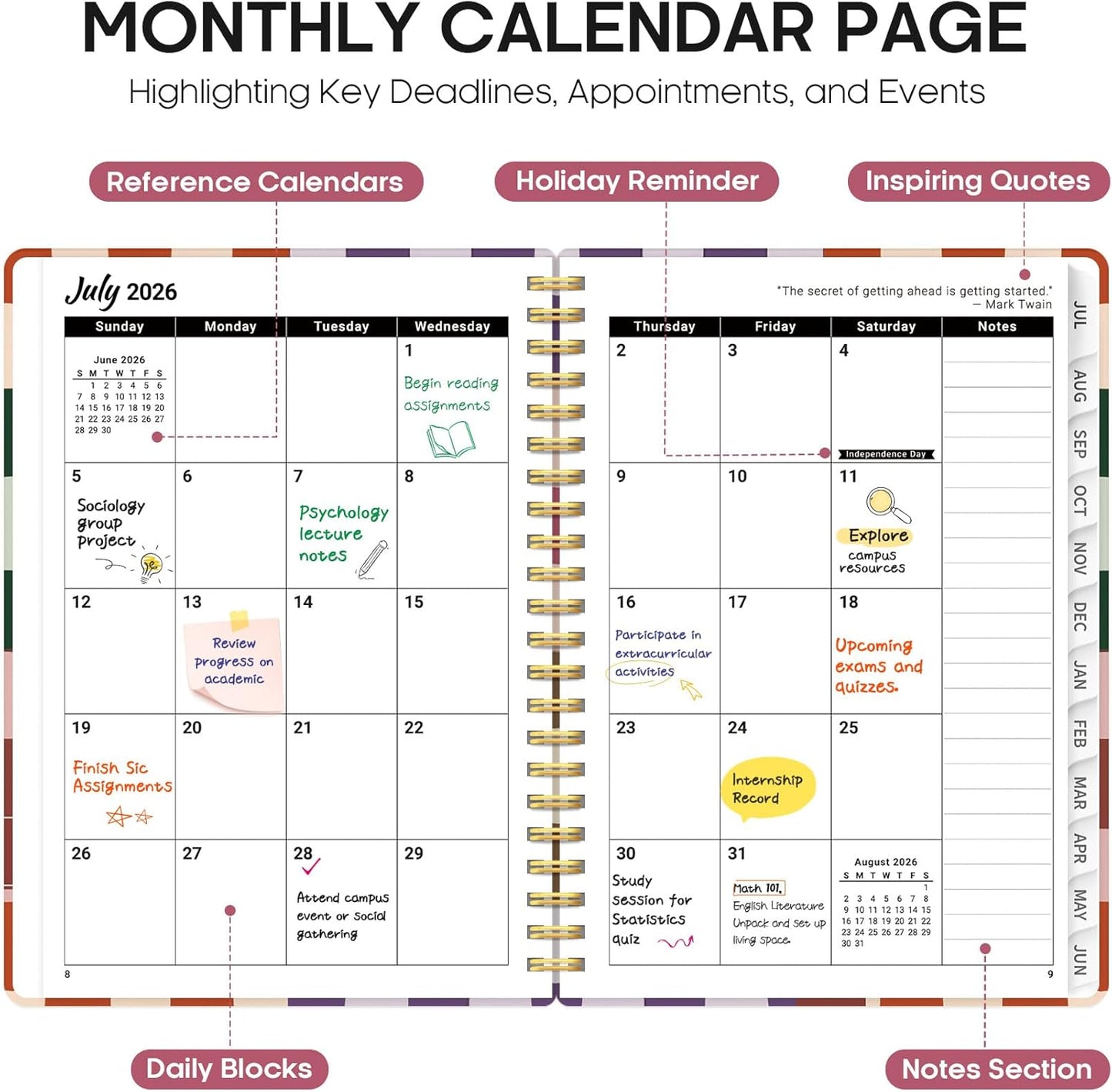 Planner 2026-2027, Academic Year Monthly and Weekly Calendar Planner, Jul 2026 - Jun 2027, Hardcover Teacher Student Planning Agenda book with Tabs, Perfect for School Office Supplies, 6.3" x 8.5" - Wildflowers