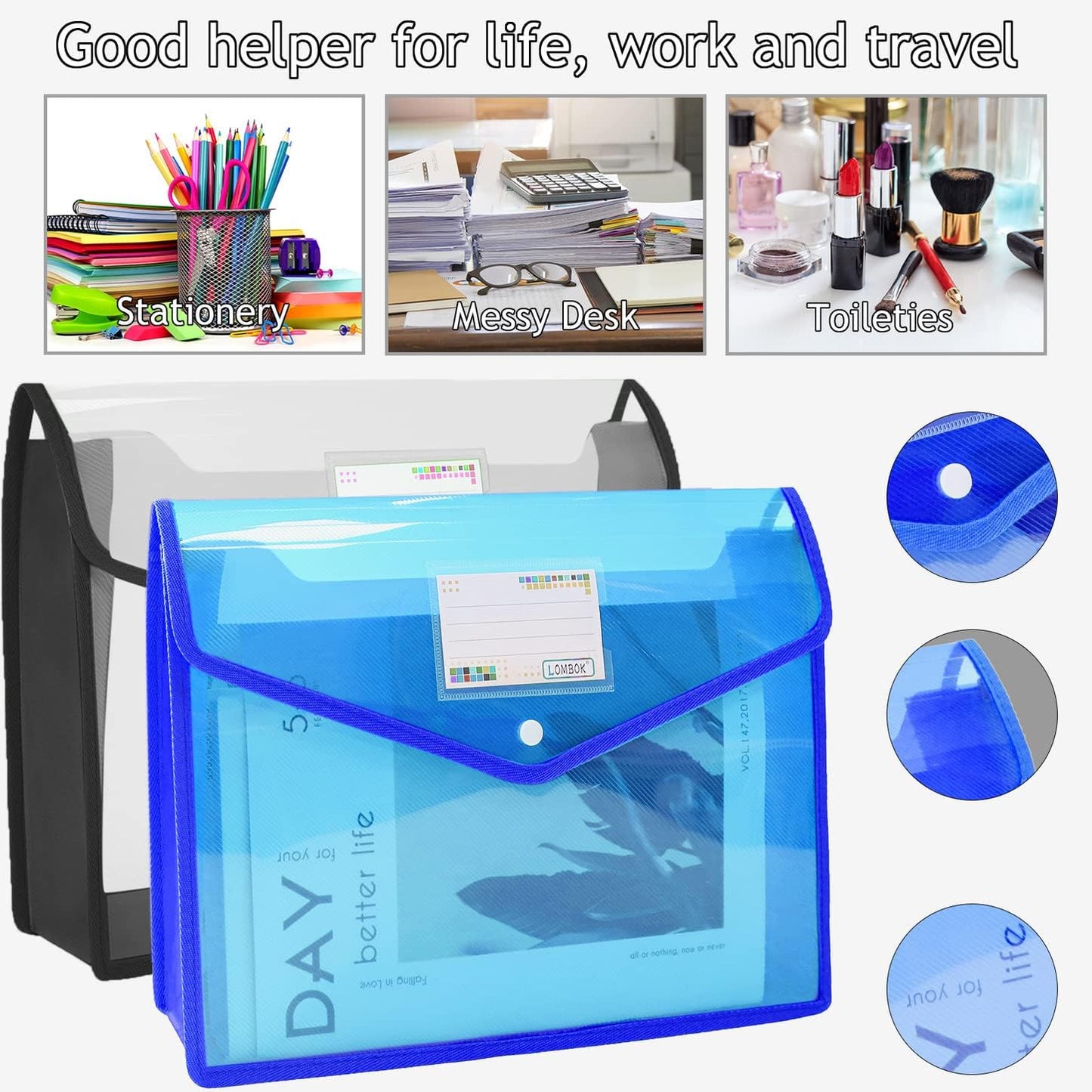 YoeeJob Plastic File Folders Legal Size Expandable Document Folder with Snap Button Closure, A4 Expanding File Wallet Envelopes Pouch with Label Pocket, 2 Packs, Black