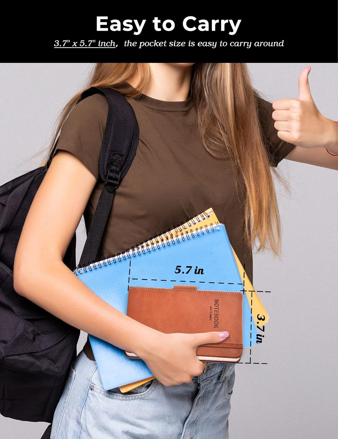 AISBUGUR Pocket Notebook Small Notebook 2-Pack, 3.7" x 5.7" Pocket Notebooks Hardcover with Thick Lined Paper, Inner Pockets, Cover Letter Embossing Design Mini Journal Notepad Black+Brown