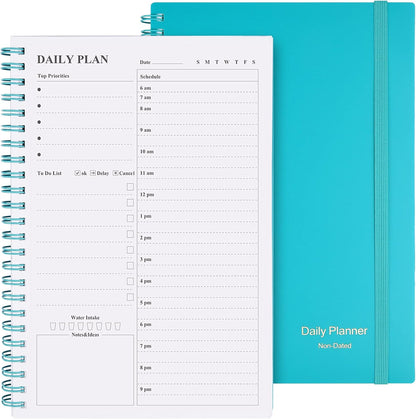 Daily Planner Undated, Asten To Do List Notebook Hourly Schedules Spiral Appointment Planner for Men and Women,PVC Hardcover,Elastic Closure, Inner Pocket 8.3" x 5.8" (Black)