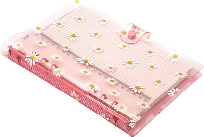 A6 A5 6-Holes Colorful PVC Cover Round Ring View Binder with Snap Button Closure File Folder for Loose Leaf Sheet Protectors Notebook Refill (Pink Daisy, A5 Mini Set) - Colors A