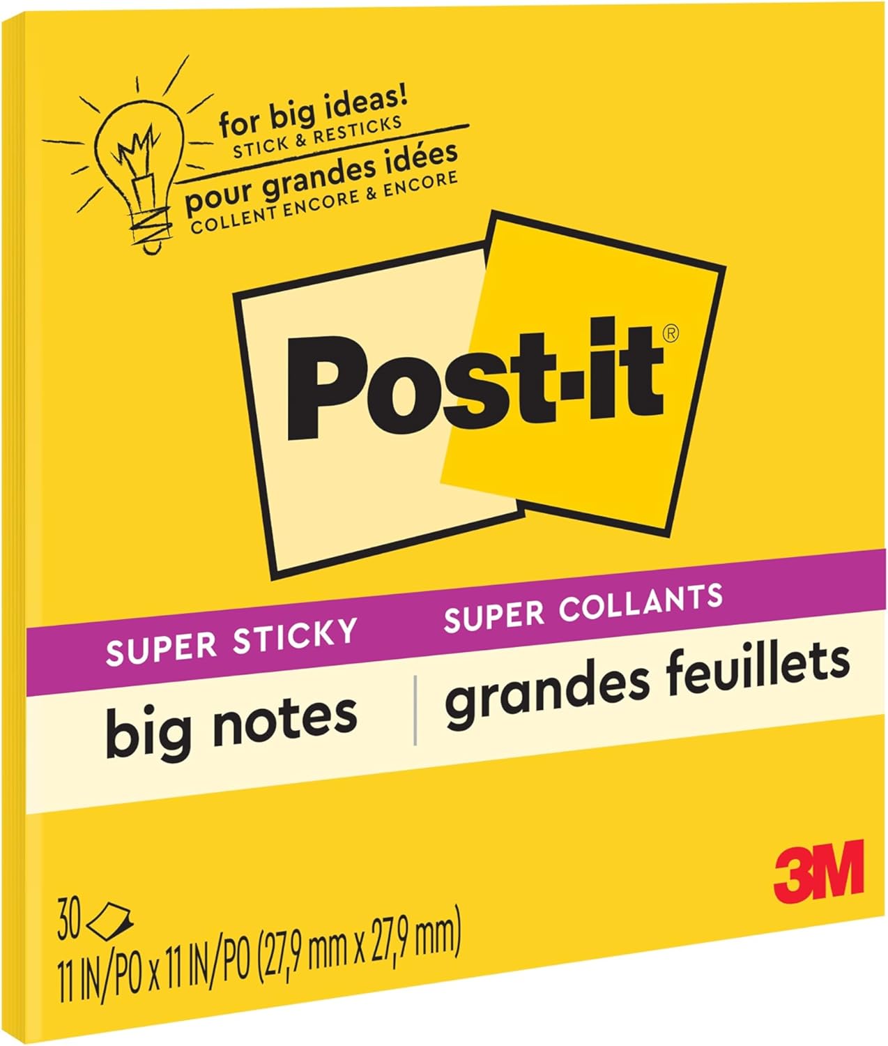 Post-it Super Sticky Big Notes, 11 in. x 11 in., Extra Large Sticky Notes Yellow, 1 Pad, 30 Sheets, Great for Vision Boards, Creative Projects, Study Spaces, Group Brainstorming, and More