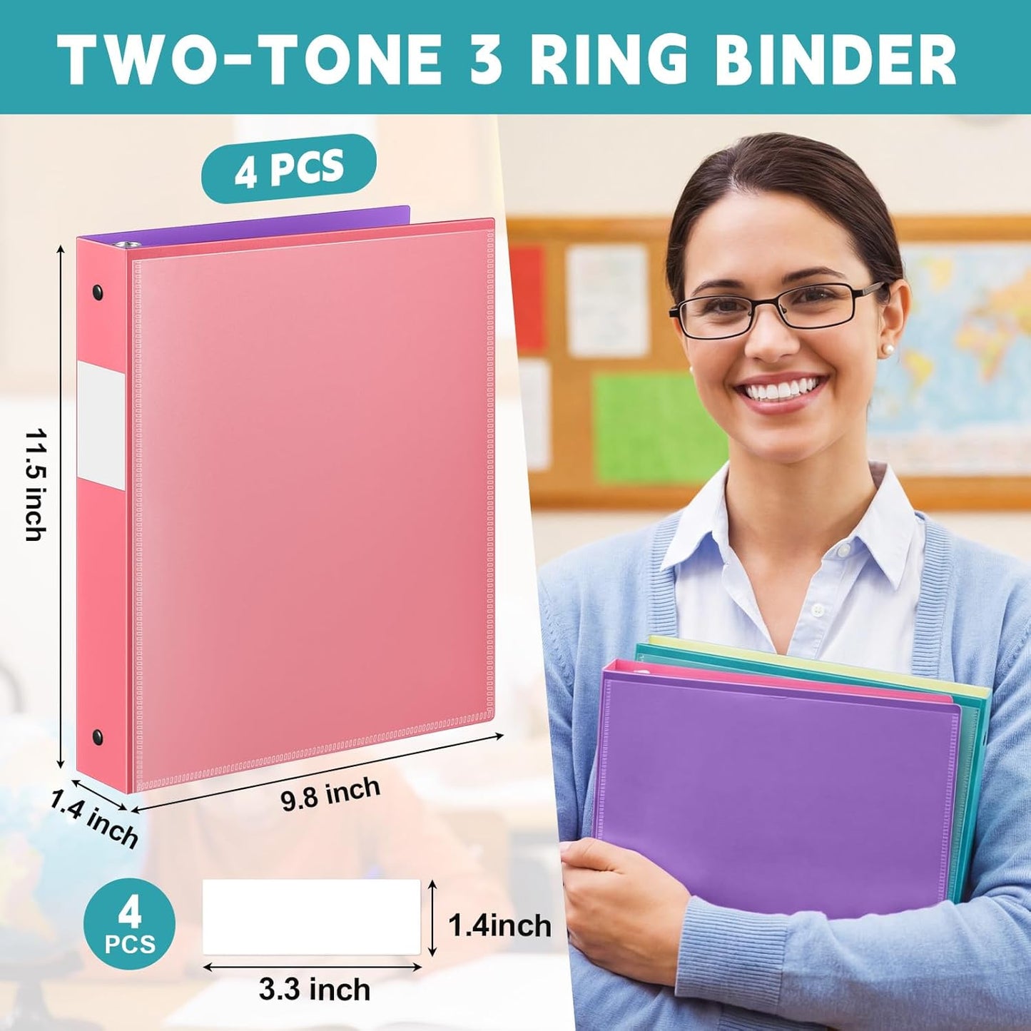 Henoyso 4 Pack Plastic Two-Tone View 3 Ring Binder, 1 Inch Round Ring Binder with Four Inner Pockets, Heavy Duty View Binders for School and Office, Pink, Teal, Purple and Lime (Clear Font Pocket)