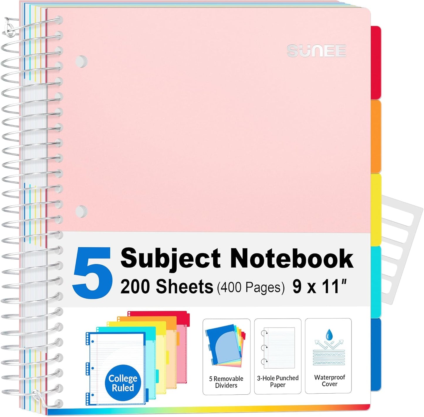 SUNEE 5 Subject Graph Paper Notebook - 400 Pages, 9"x11", 4x4 Graph Ruled Notebook, 5 Pocket Colored Dividers, 3-Hole Punched Paper, Black