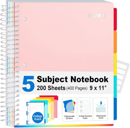 SUNEE 5 Subject Graph Paper Notebook - 400 Pages, 9"x11", 4x4 Graph Ruled Notebook, 5 Pocket Colored Dividers, 3-Hole Punched Paper, Black