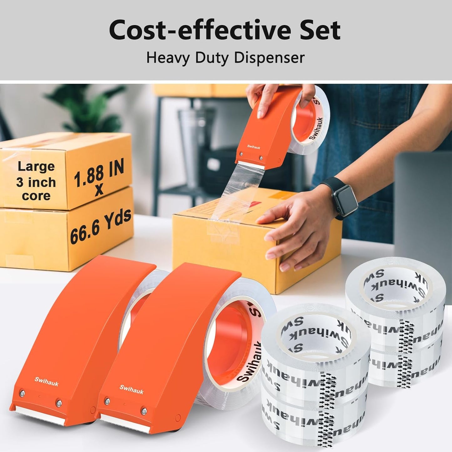 Swihauk 1.88 in x 66.6 YDs Heavy Duty Packing Tape with Dispenser, Strong & Durable Shipping Tape, Packaging Tape, Clear Package Tape for Shipping Moving Storage and Mailing, 1 Roll + 1 Dispenser