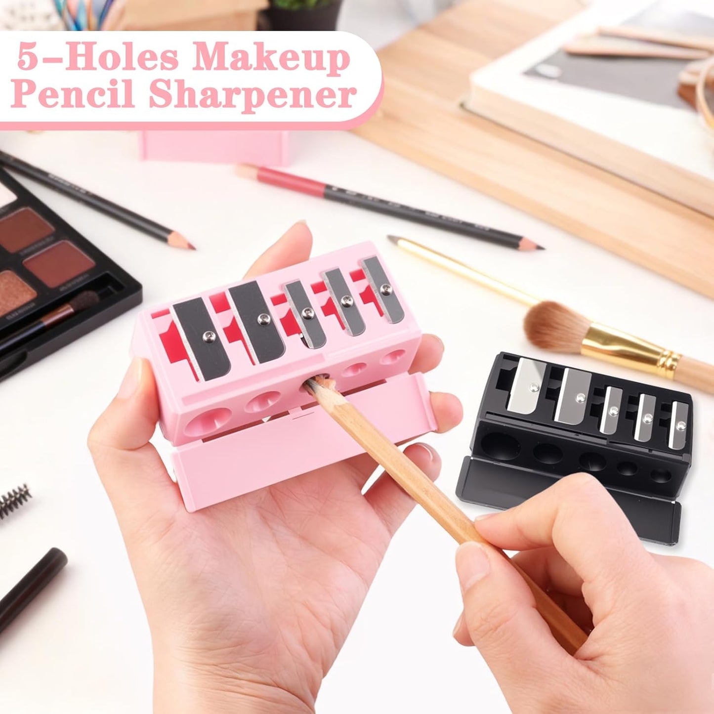 2 Pcs 5 Hole Long Point Manual Makeup Pencil Sharpener with Plastic Lid, Suitable for Eyeliner, Lip Liner and Eyebrow Pencil, Sharpener for Makeup Pencils (Black+Pink)