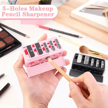 2 Pcs 5 Hole Long Point Manual Makeup Pencil Sharpener with Plastic Lid, Suitable for Eyeliner, Lip Liner and Eyebrow Pencil, Sharpener for Makeup Pencils (Black+Pink)