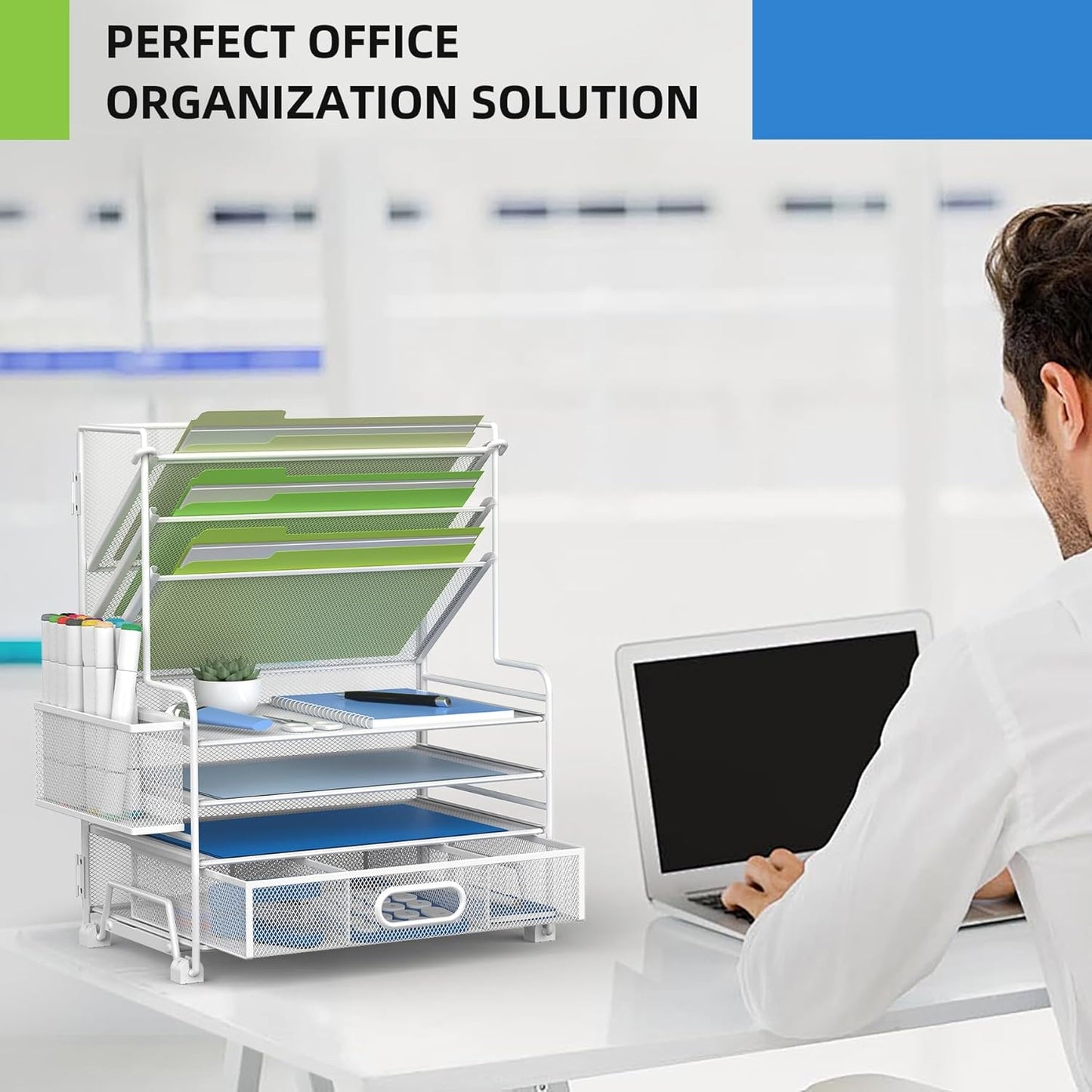 MINDEPOT 4-Tier Paper Organizer + 3-Pocket File Holder + Drawer + Pen Holders, Desktop File Organizers Paper Tray for Office Supplies School Classroom Organization (Black, No Drawer & Pen Holder)