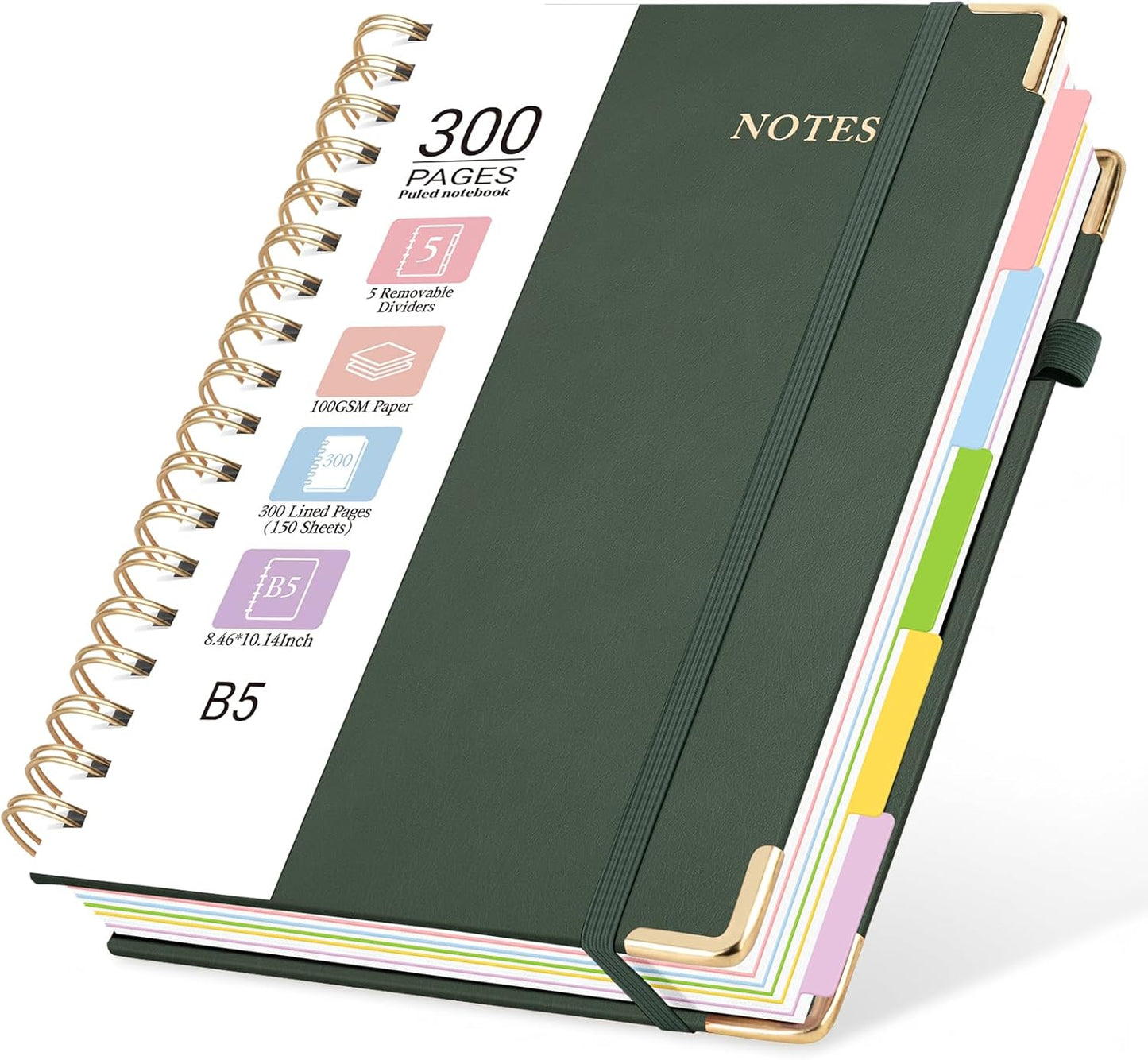 Hardcover Spiral Journal Notebook, 300 Pages 5 Subject Notebook College Ruled with Removable Dividers Tabs, 8" x 10" Notebooks for Work, Spiral Ruled Lined Writing Journal Hardcover Leather Notebook for School (Black, 8''x 10'')