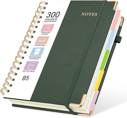 Hardcover Spiral Journal Notebook, 300 Pages 5 Subject Notebook College Ruled with Removable Dividers Tabs, 8" x 10" Notebooks for Work, Spiral Ruled Lined Writing Journal Hardcover Leather Notebook for School (Black, 8''x 10'')