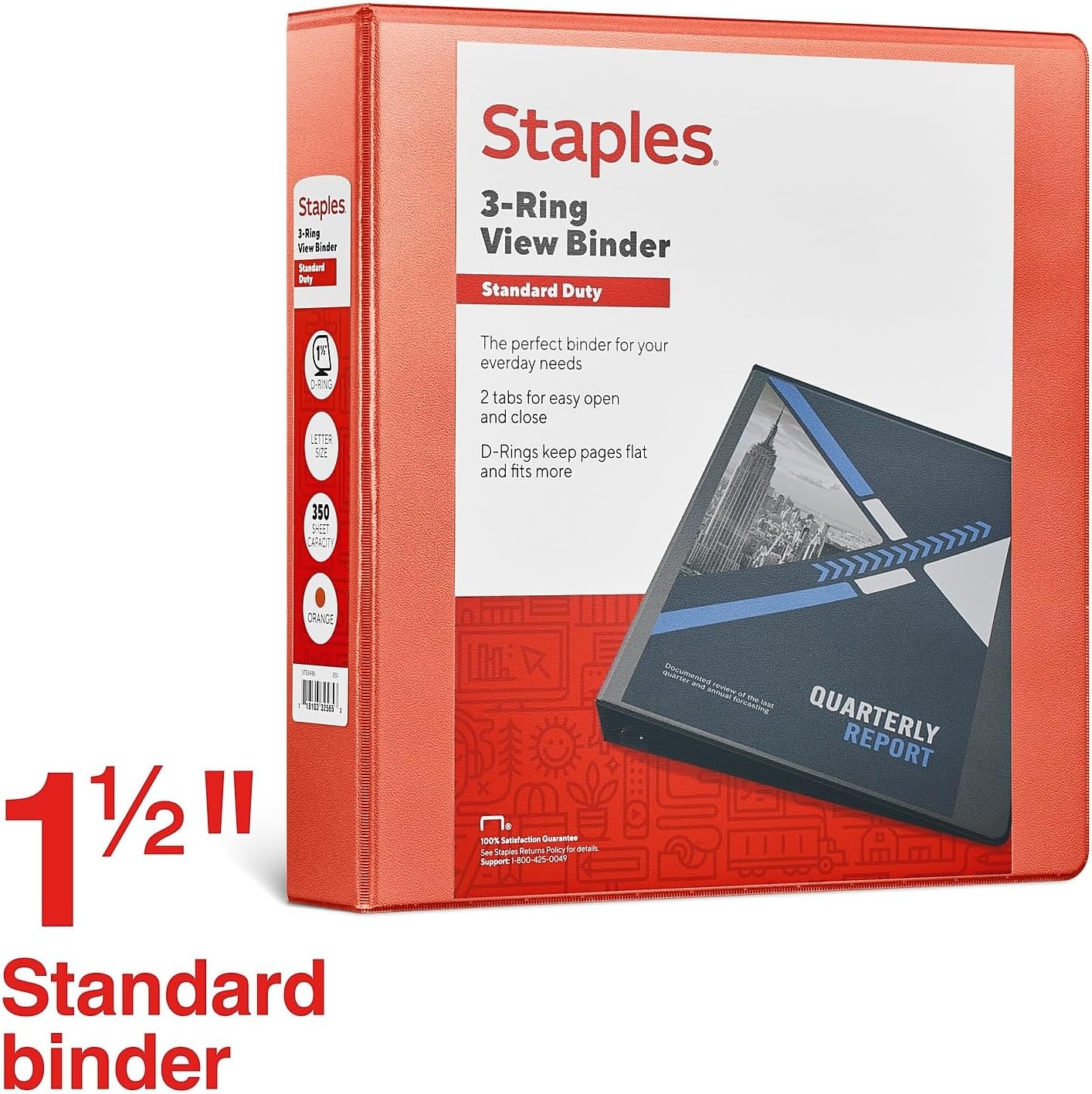 Staples Standard 2-Inch 3-Ring View Binder, Holds Up to 450 Sheets, Orange, Durable Binder for Office & School