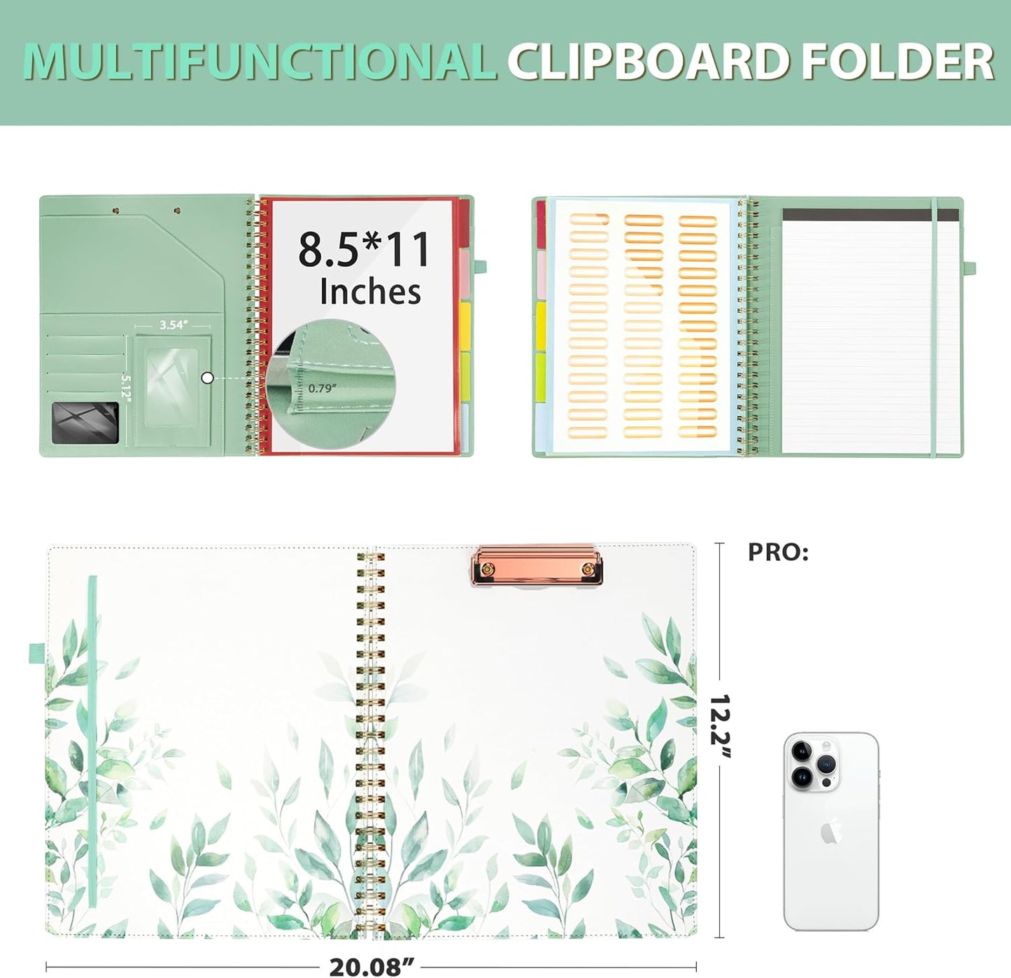 Ospelelf Clipboard with Storage for Women, Leather Padfolio Portfolio Organizer 5 Folders with 10 Pockets, Spiral Clipboard Folio with Notepad for Letter Size, Elastic Closure and Pen Loop Floral