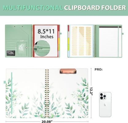 Ospelelf Clipboard with Storage for Women, Leather Padfolio Portfolio Organizer 5 Folders with 10 Pockets, Spiral Clipboard Folio with Notepad for Letter Size, Elastic Closure and Pen Loop Floral