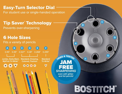 Bostitch Office QuietSharp Electric Pencil Sharpener, Heavy Duty Classroom or Office Use, Size Selector with 6 Different Sizes, Blue