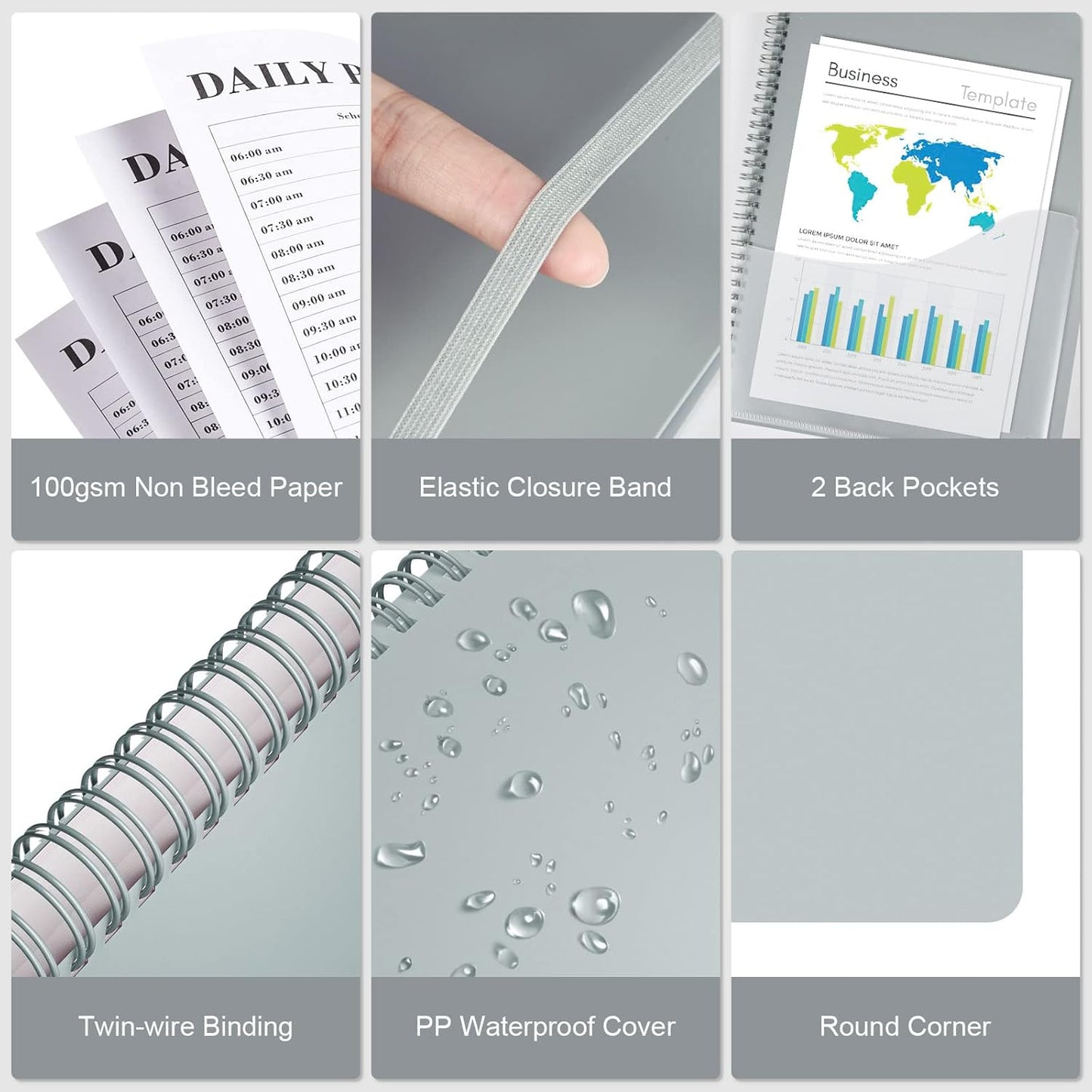 Daily Planner Undated, Asten To Do List Notebook Hourly Schedules Spiral Appointment Planner for Men and Women,PVC Hardcover,Elastic Closure, Inner Pocket 8.3" x 5.8" (Black)