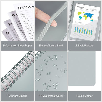 Daily Planner Undated, Asten To Do List Notebook Hourly Schedules Spiral Appointment Planner for Men and Women,PVC Hardcover,Elastic Closure, Inner Pocket 8.3" x 5.8" (Black)