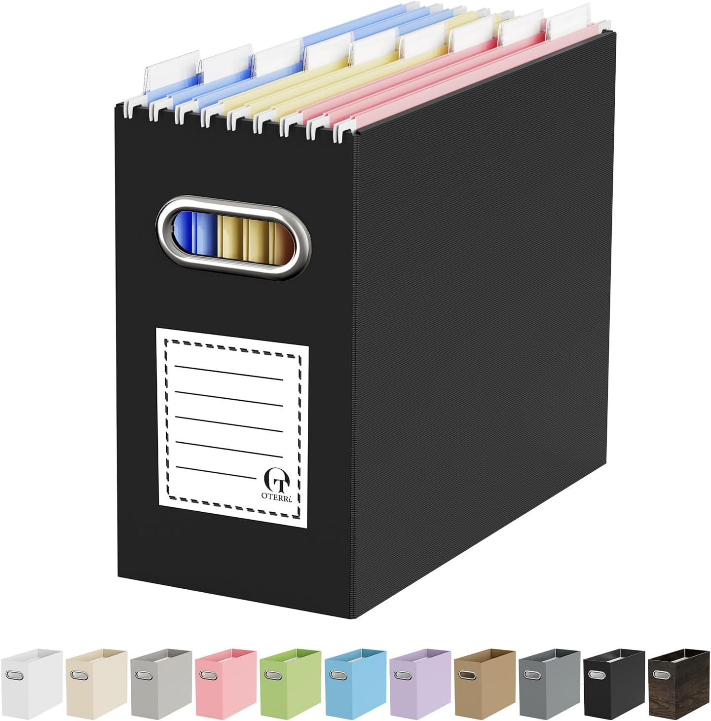 Oterri File Organizer Box, Portable Collapsible Cardboard File Folder Organizer with Handle for Letter Size Hanging Files, Document Storage Box for Home Office & Classroom (4 Packs, Black)