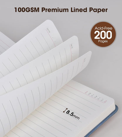 Lined Journal Notebook with Pen, A5 Personalized Hardcover Leather Journal for Men Women, 200 Pages 100 GSM Thick Paper College Ruled Notebooks for Work Travel School Writing Diary 5.9" X 8.4" Black