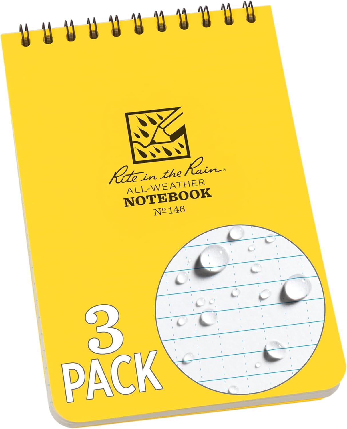 Rite in the Rain Weatherproof Top Spiral Notebook, 3" x 5", Black Cover, Universal Pattern, 3 Pack (No. 735-3X)